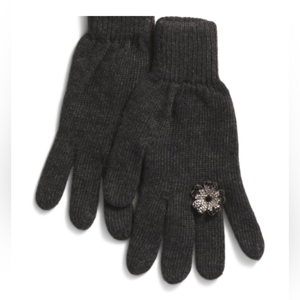 NEW STILESTRO Made In Italy Wool / Cashmere  Flower Ring Gloves charcoal 166tn